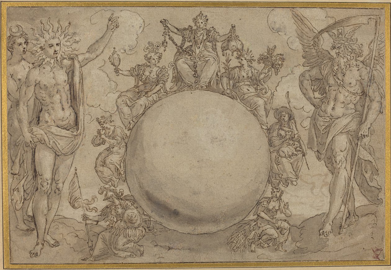 Apollo, Diana en Tijd met de cyclische wisselvalligheden van het menselijk leven door Maarten de Vos