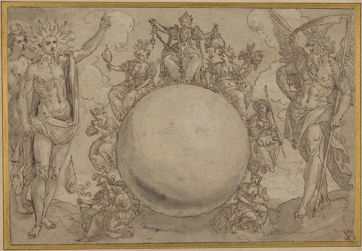 Apollo, Diana, en Tijd met de cyclische wisselvalligheden van het menselijk leven, ca. 1561 (pen en bruine inkt met grijs gewassen over sporen van grafiet, geïnciseerd voor overdracht op geschept papier) door Maarten de Vos
