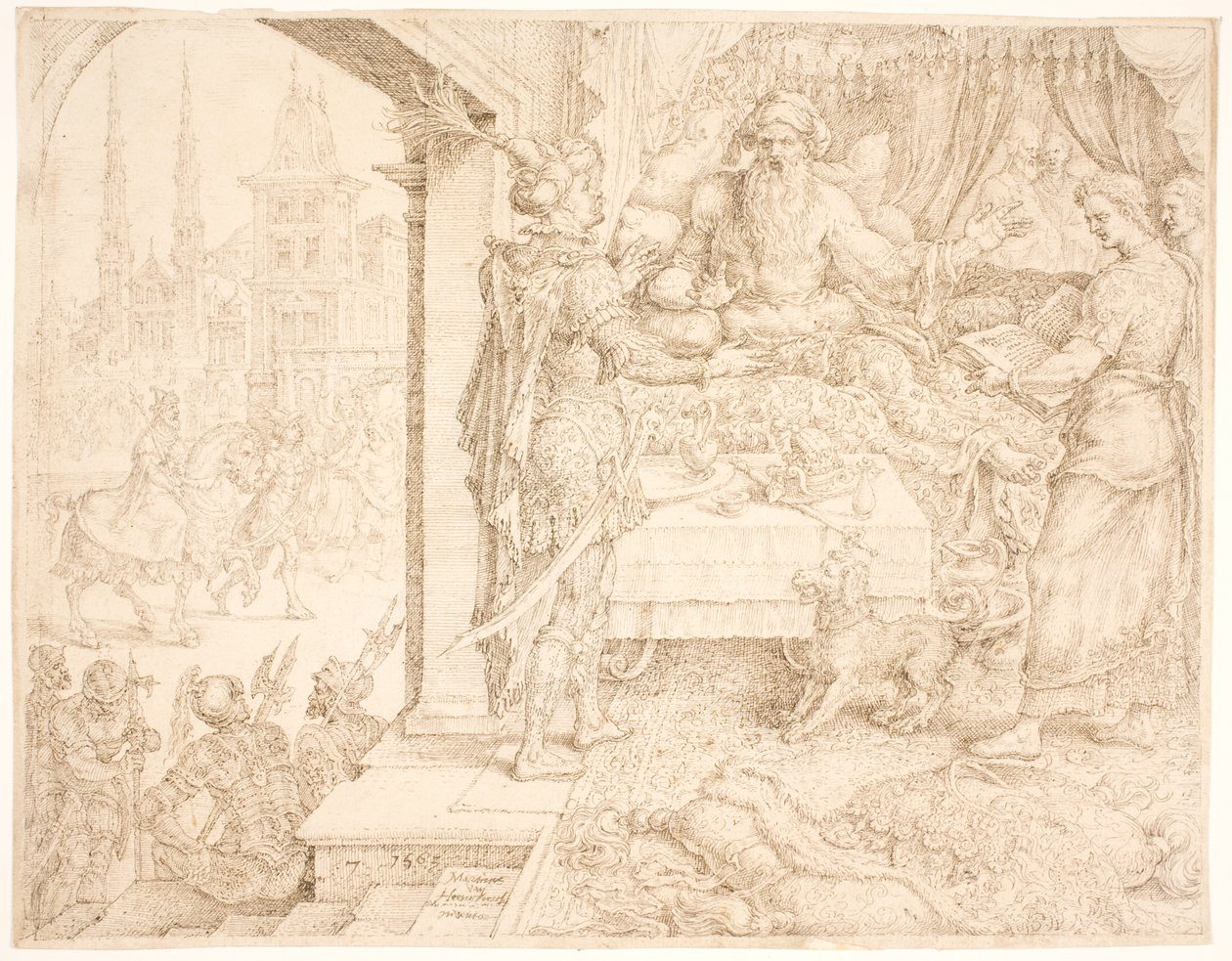 Ahasverus raadpleegt Haman door Maarten van Heemskerck