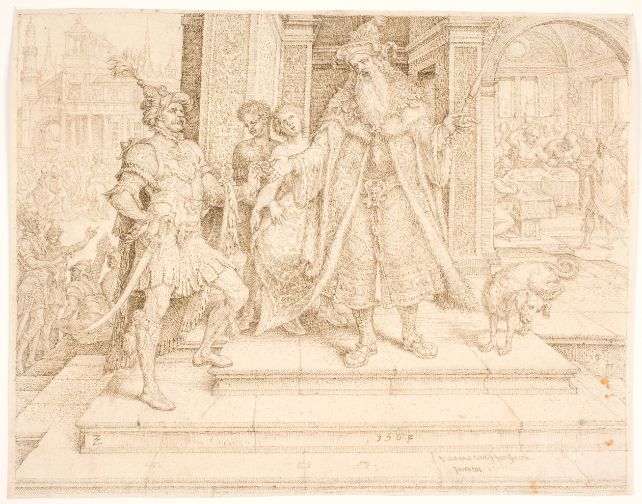 Ahasverus geeft de zegelring aan Haman door Maarten van Heemskerck