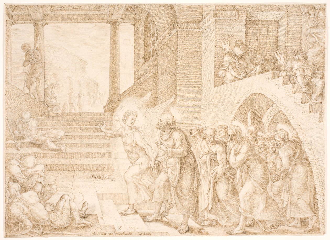 De apostelen worden door een engel uit de gevangenis bevrijd door Maarten van Heemskerck