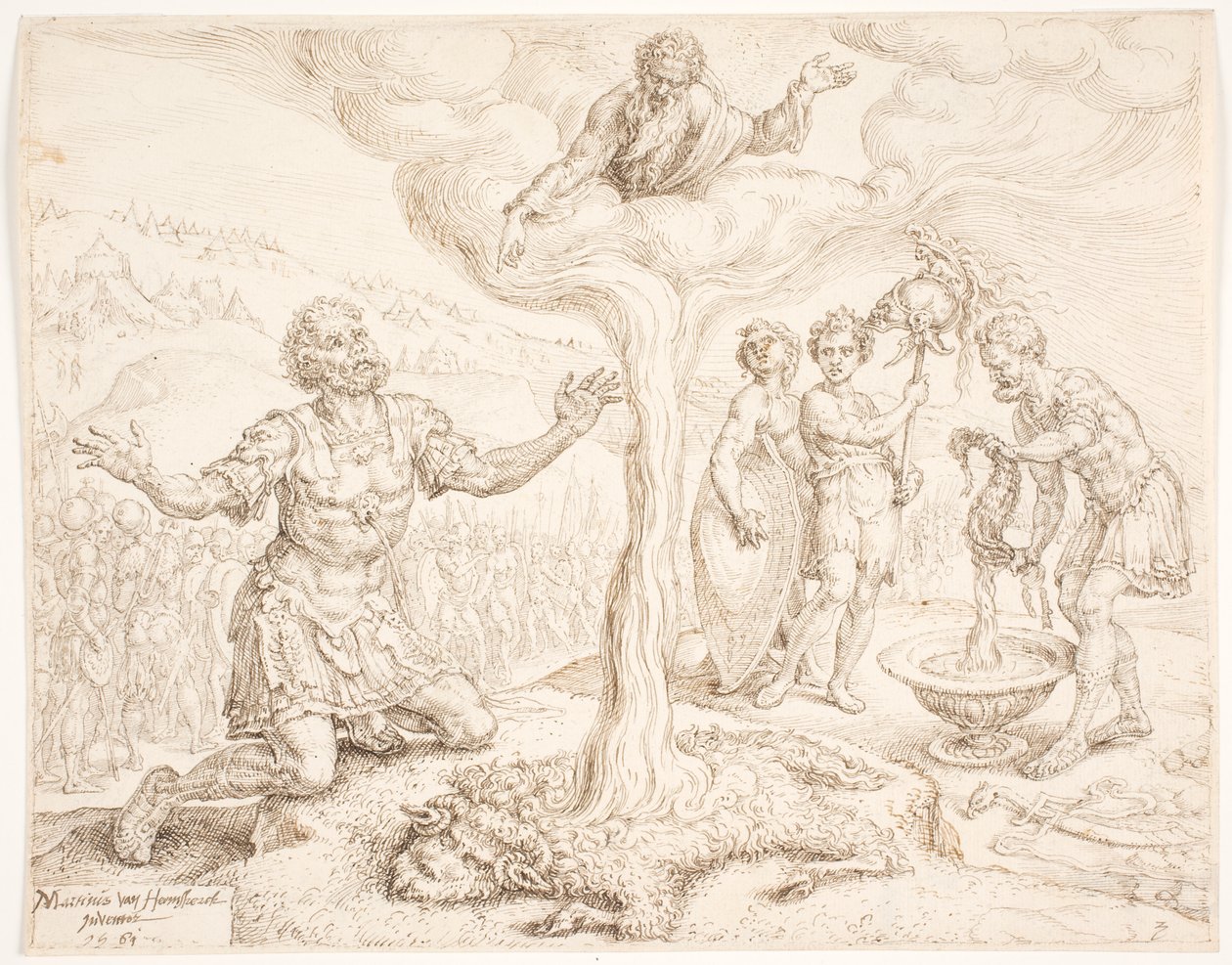 Gideon knielt in gebed (Het verhaal van de dauw en de wolvlies) door Maarten van Heemskerck