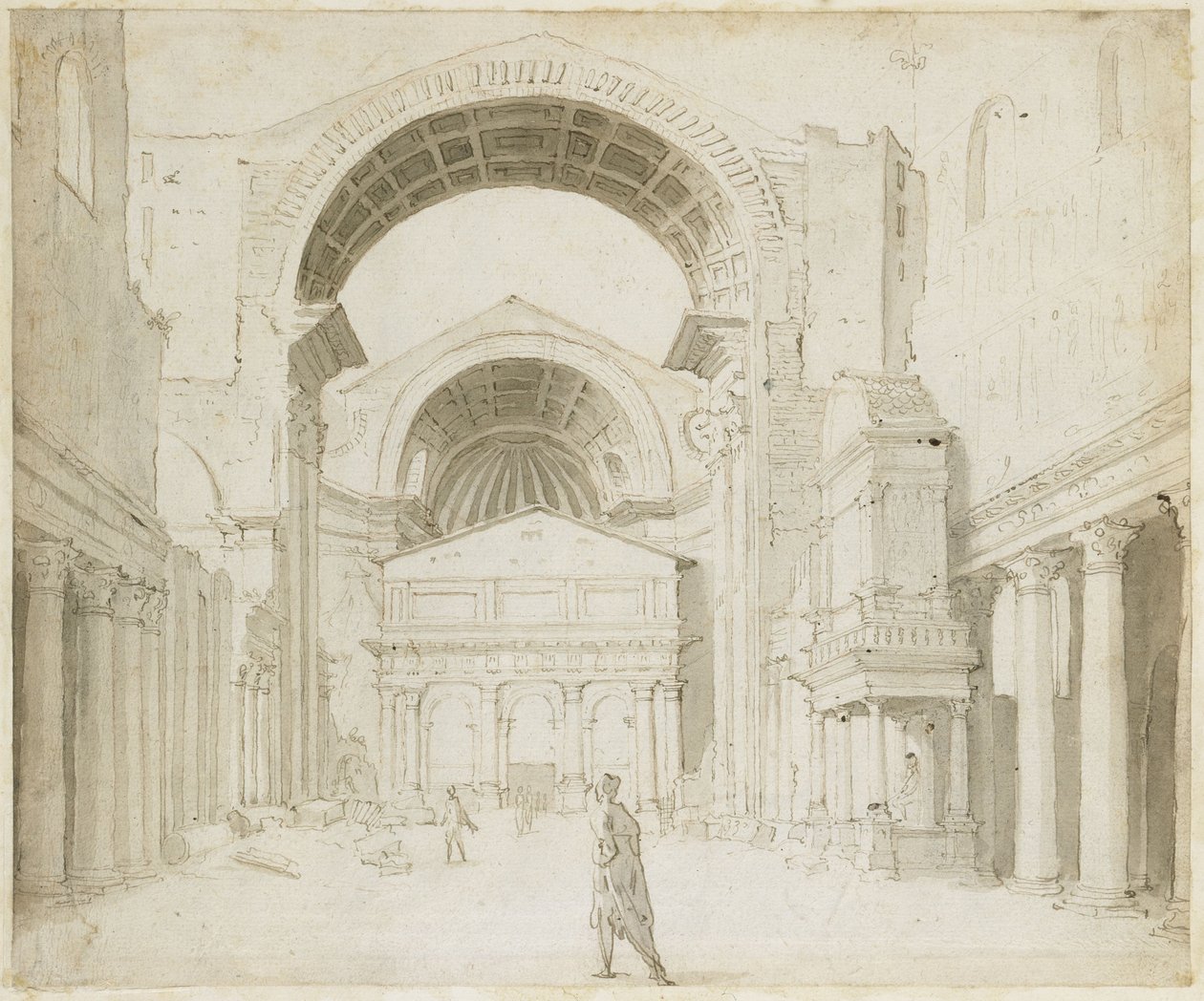 Binnenaanzicht van het schip van Alt-St. Peter met uitzicht op het nieuwe gebouw door Maarten van Heemskerck