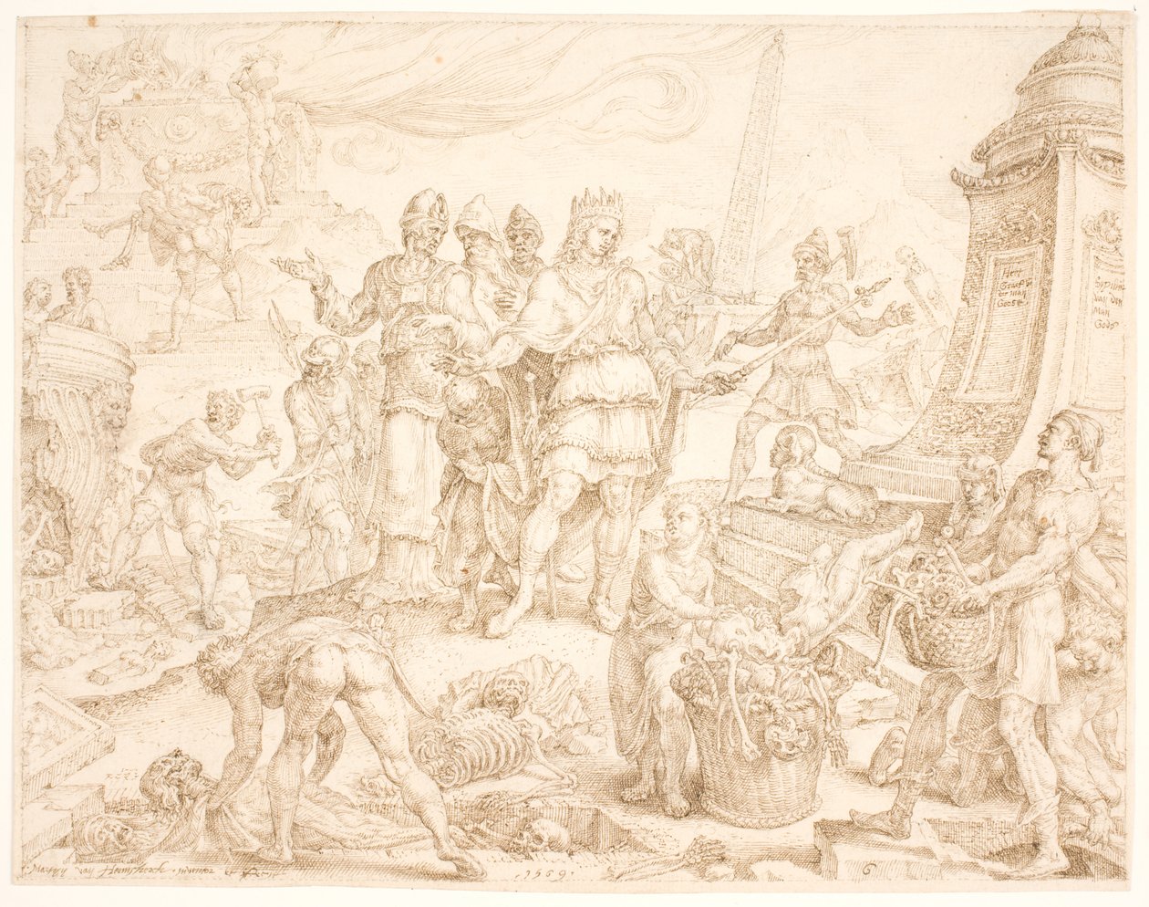 Josias beveelt dat het graf van de man Gods uit Juda gespaard moet blijven door Maarten van Heemskerck