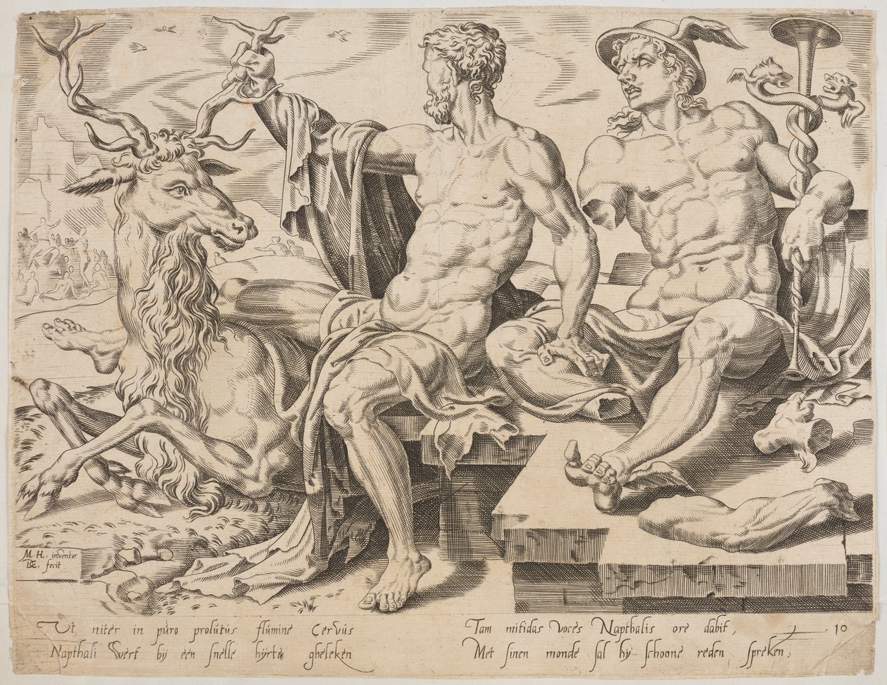 Naftali met een hert en een gebroken standbeeld van Mercurius, uit de serie De Twaalf Patriarchen, gravure door Dirk Volkertsz Coornhert door Maarten van Heemskerck