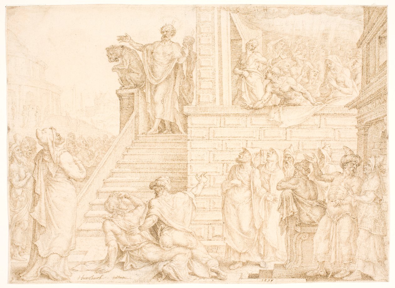 Petrus predikt in Jeruzalem door Maarten van Heemskerck