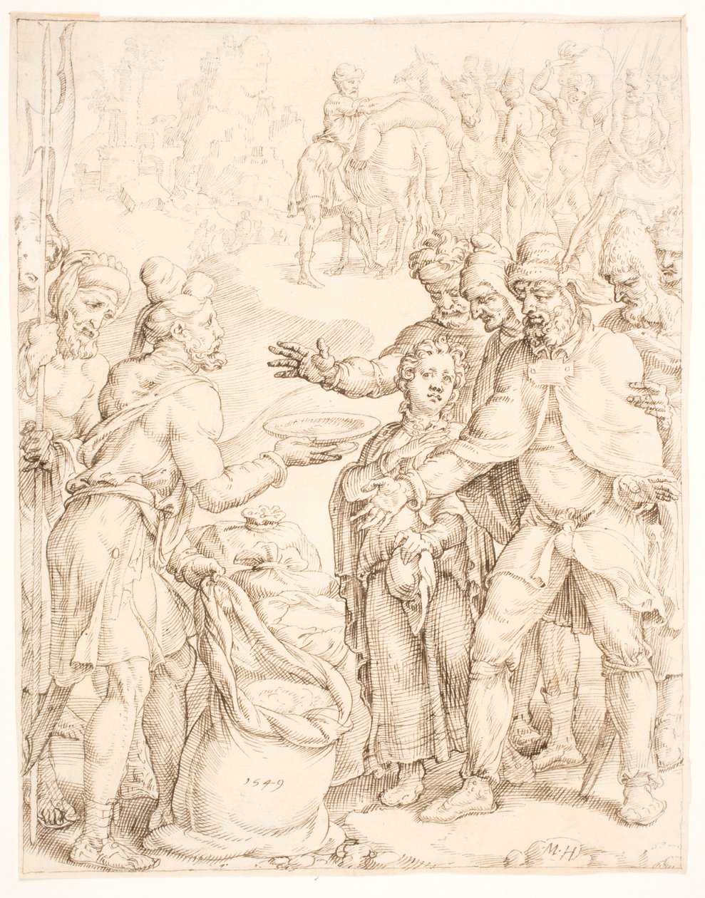 Het vinden van de beker van de farao in de zak van Benjamin door Maarten van Heemskerck