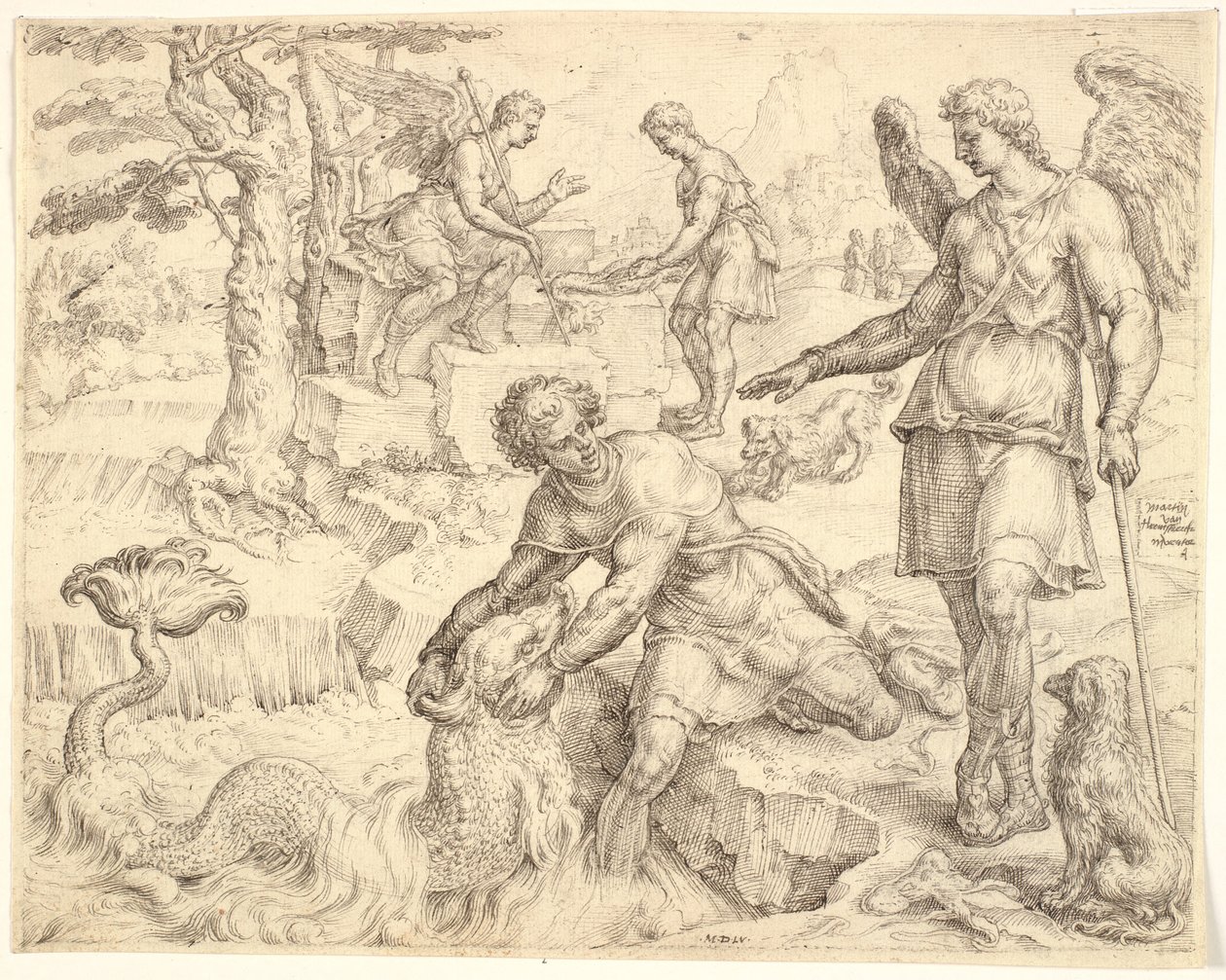 Tobias vangt de vis in de rivier Tigris door Maarten van Heemskerck