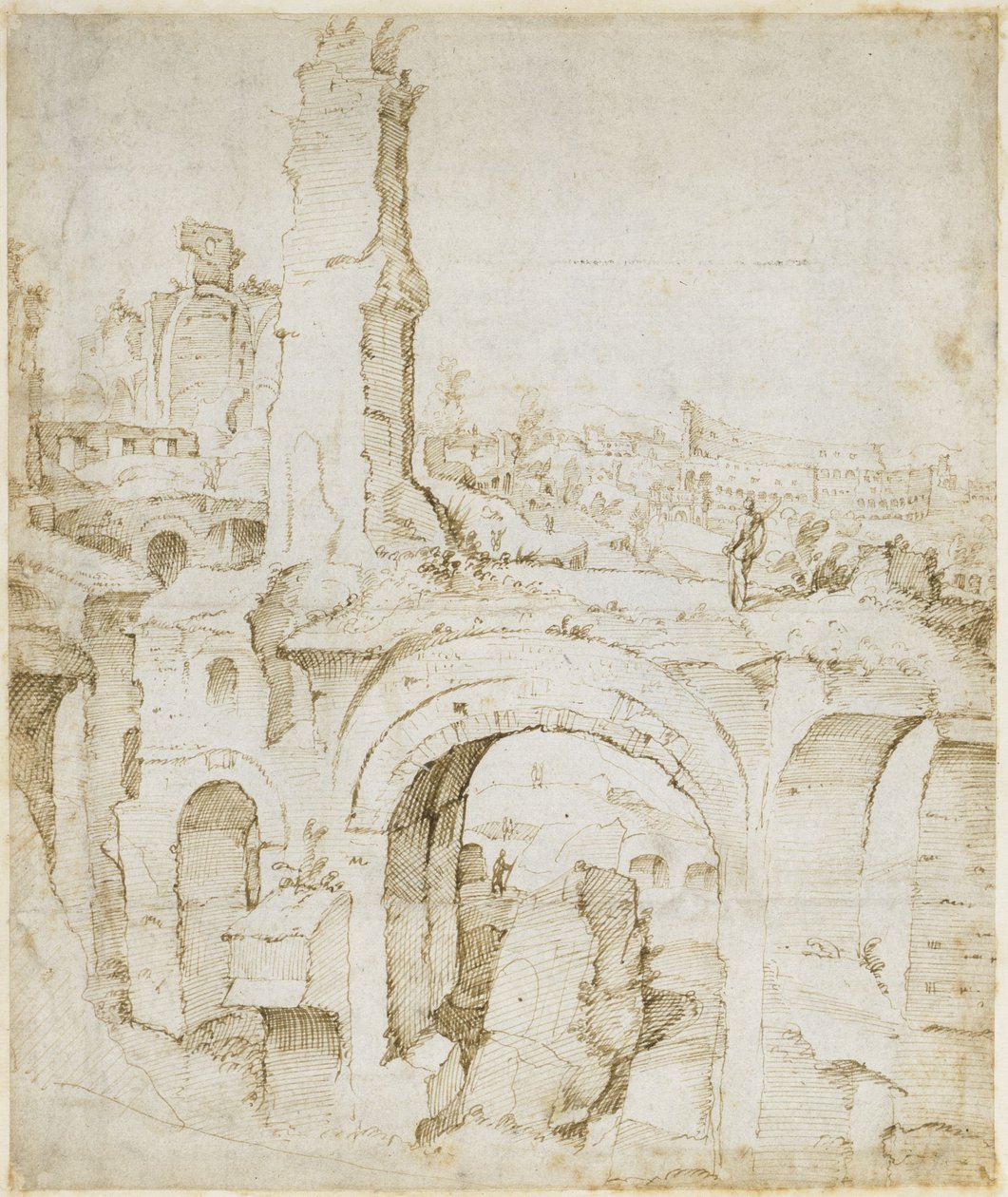 Uitzicht van Domus Severiana naar het Colosseum door Maarten van Heemskerck
