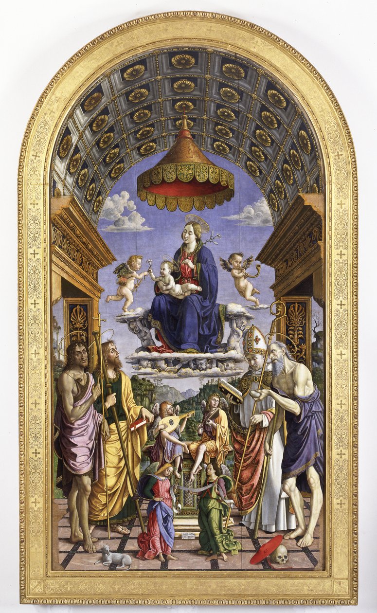 Madonna en Kind in glorie, muzikale engelen en heiligen Johannes de Doper, Jacobus, Ugo en Hiëronymus, 1498 door Macrino dAlba
