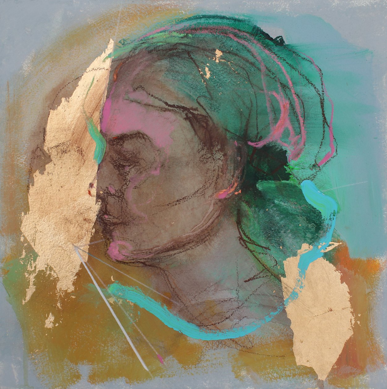 Lost In Thought 6, 2020 (acryl, pastel en bladgoud op papier) door Madgalena Morey