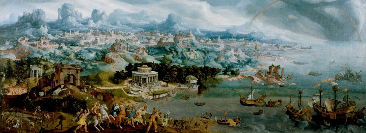 Panorama met de Ontvoering van Helena te midden van de Wonderen van de Oude Wereld door Maerten van Heemskerck