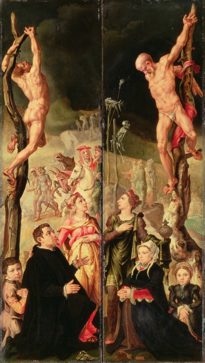Calvarie, zijpanelen van drieluik door Maerten van Heemskerck