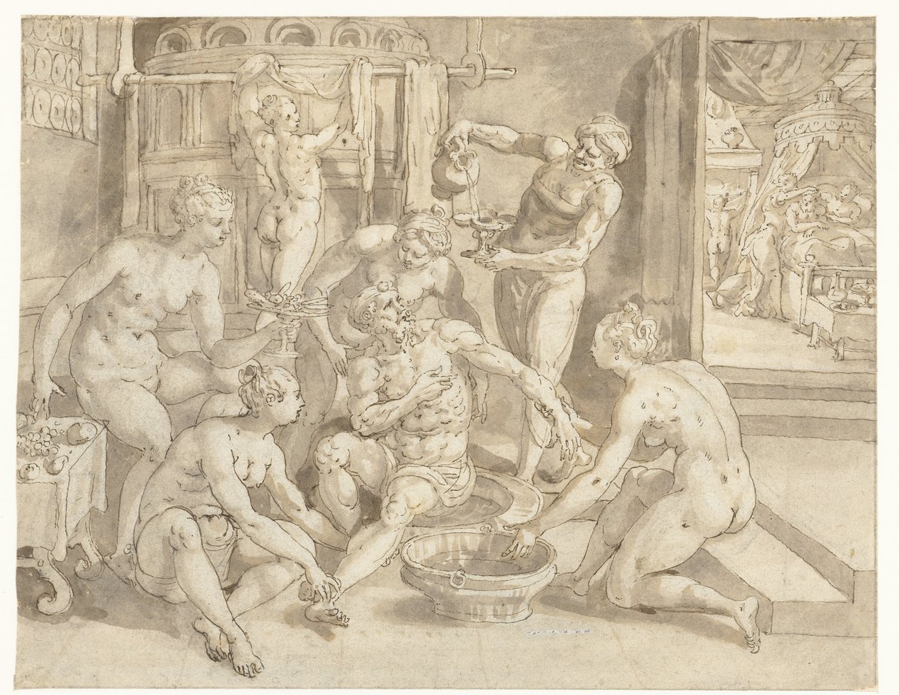 De rijke man in bad door Maerten de Vos