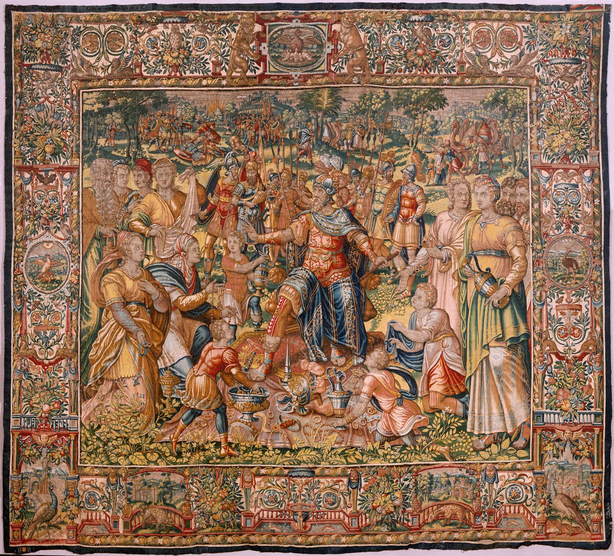 Diocesaan museum. Vlaamse wandtapijt. Brussel. Atelier François Geubels. Serie Verhaal van Gideon. De Israëlieten geven hun deel van de buit aan Gideon. Zijde en wol. Legaat van Bisschop. door Maerten van Heemskerck