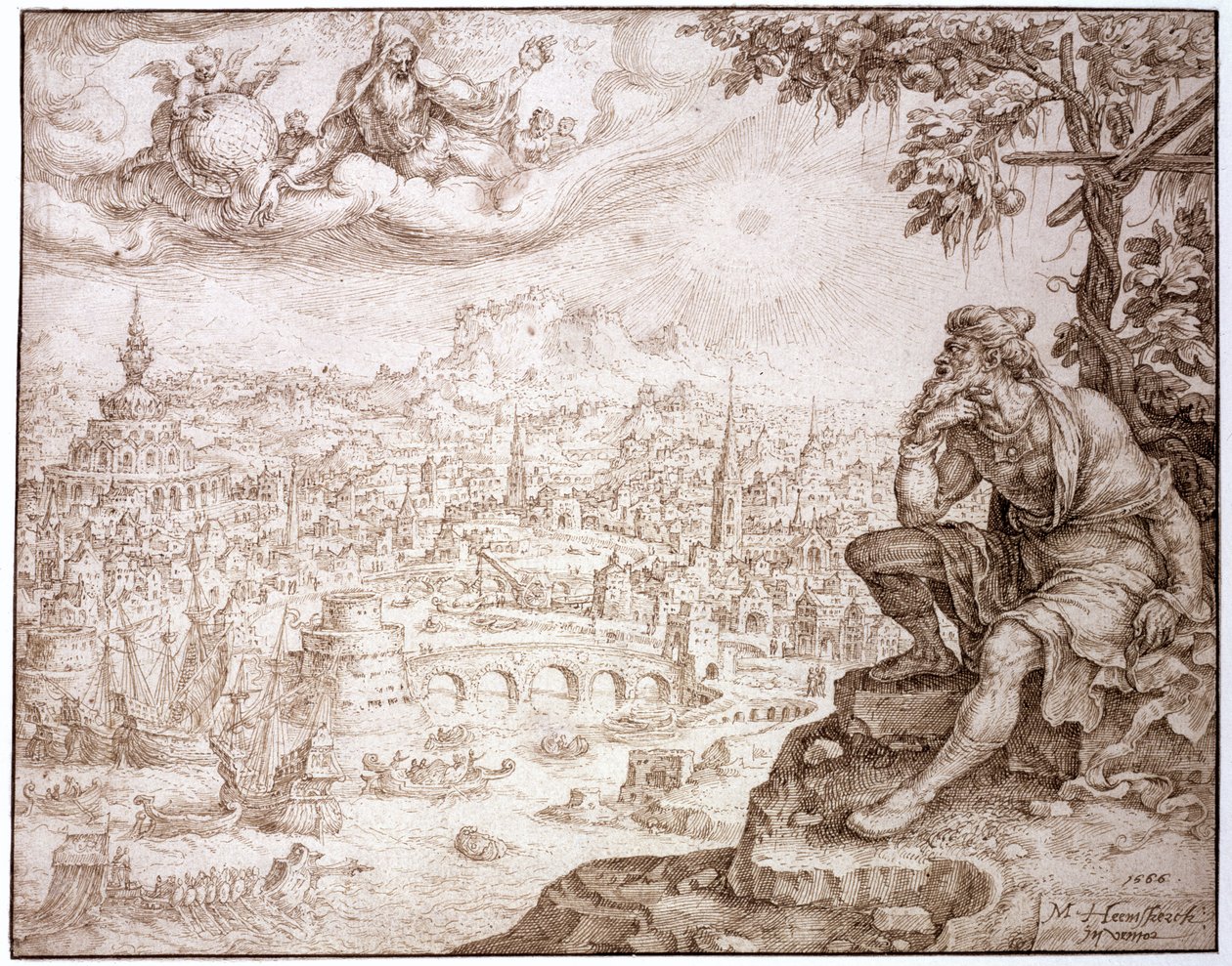 Jona, zittend onder de kalebas, overpeinst de stad Nineve, 1566 door Maerten van Heemskerck