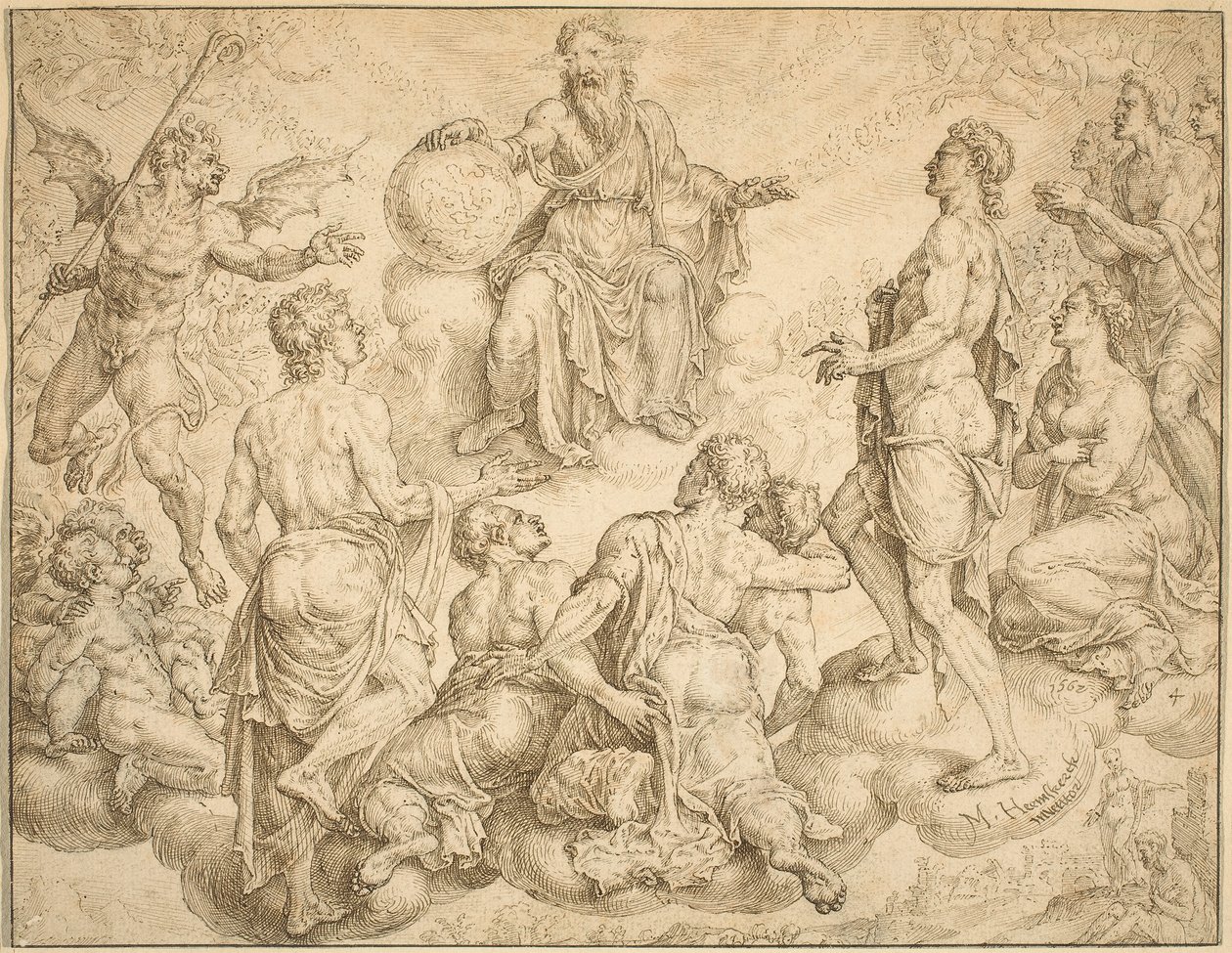 Satan Daagt God Uit om Zijn Bescherming van Job Weg te Nemen door Maerten van Heemskerck