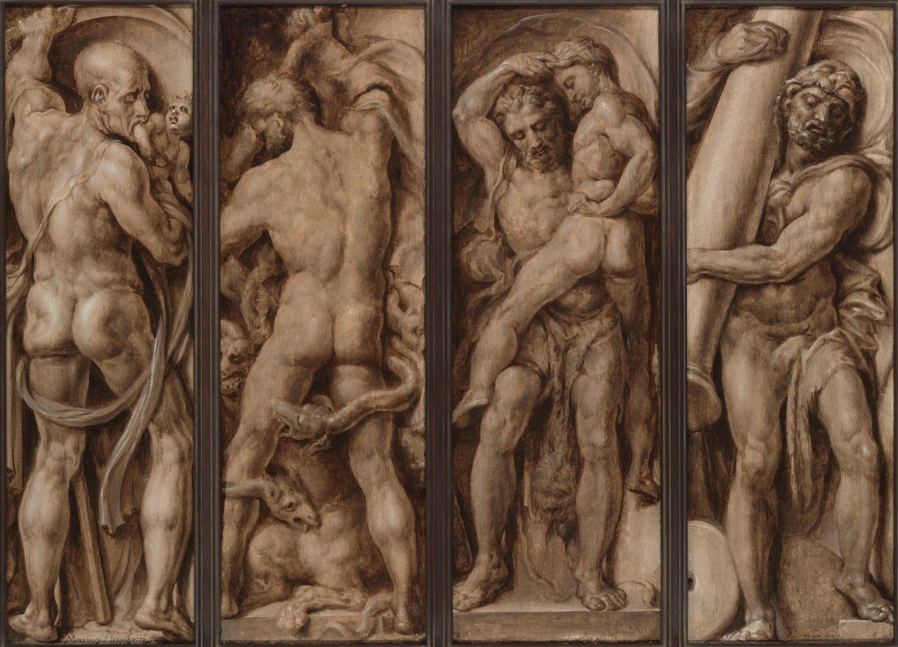 Saturnus verslindt een kind; Hercules doodt de Hydra; Hercules tilt Antaeus op; Hercules richt de zuilen van Calpe en Abyla op door Maerten van Heemskerck
