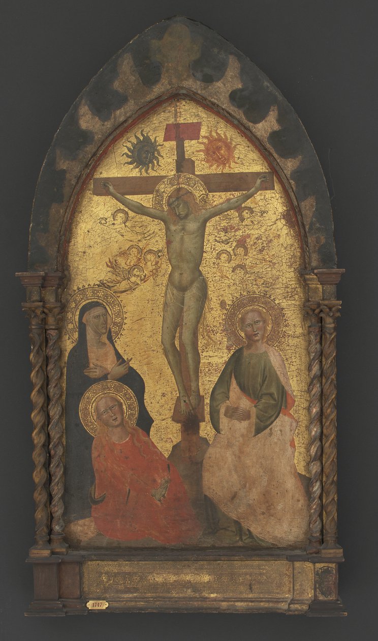 Christus aan het kruis betreurd door de Maagd Maria en de heiligen Maria Magdalena en Johannes door Maestro Francesco