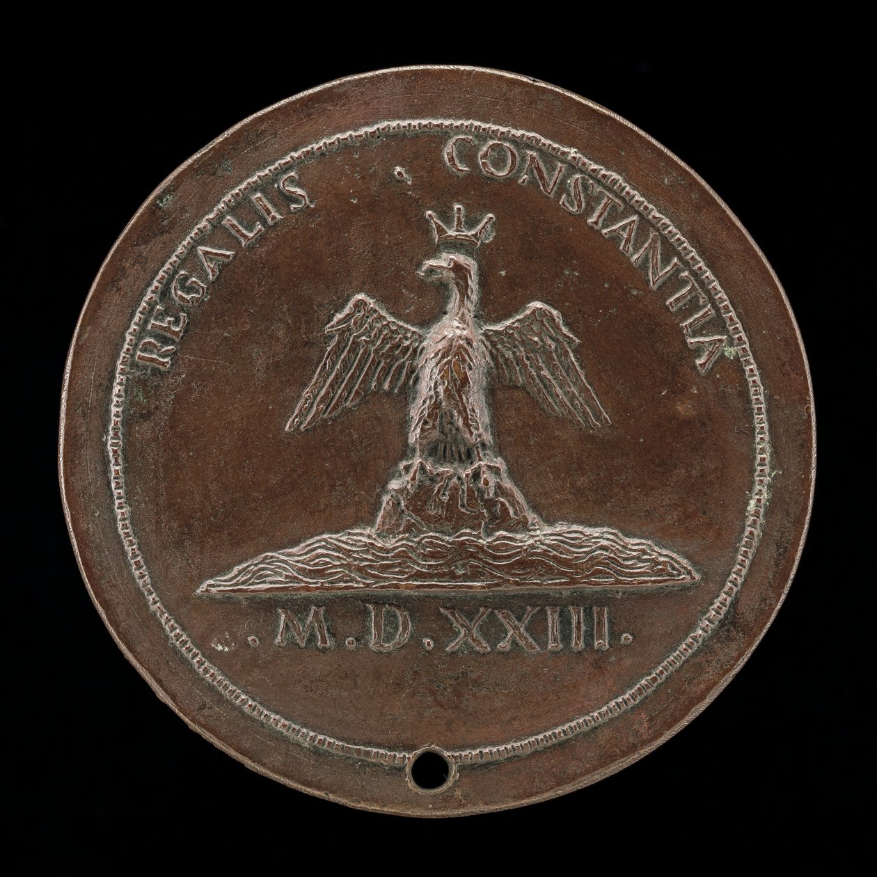 Gekroonde adelaar op een heuvel te midden van water [achterzijde], 1523 door Maffeo Olivieri