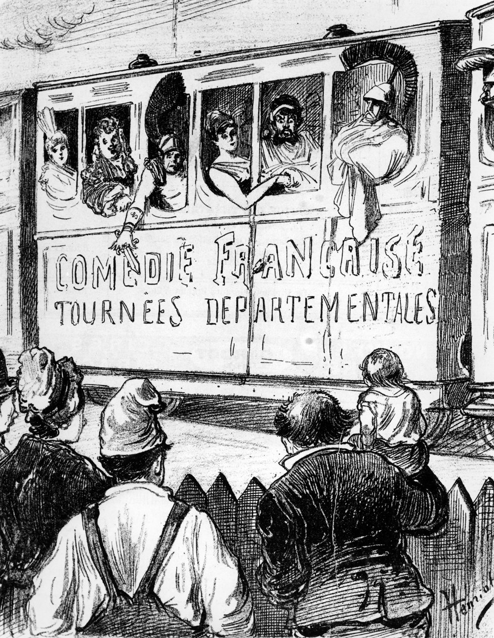 De cast van de Comédie Française op tournee in Frankrijk in een speciale trein, maakt een stop om de plattelandsbewoners een glimp van het theater te geven, 2e helft 19e eeuw door Henri Maigrot