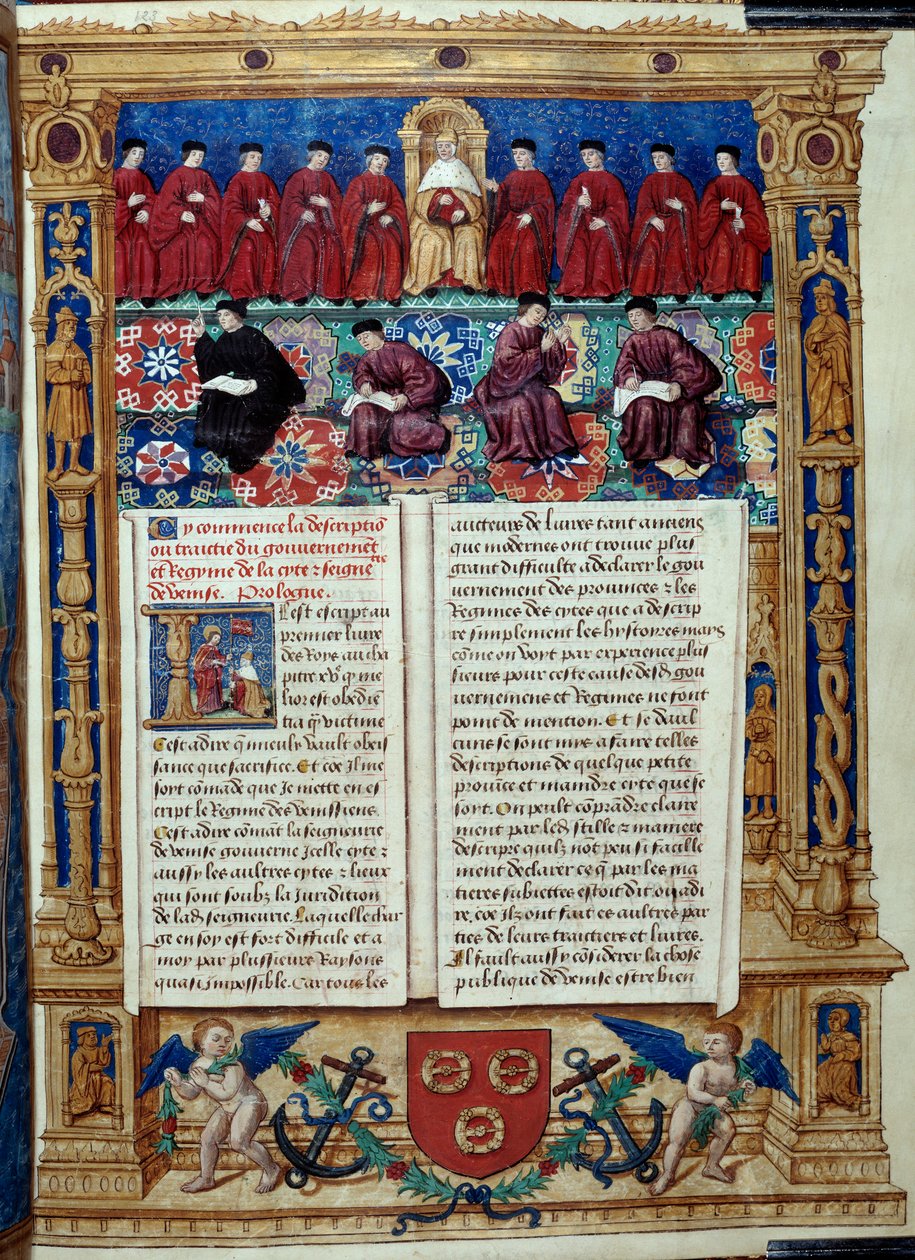 De Raad van Tien De Doge is in het midden. Pagina uit een beschrijving of behandelt de regering en het regime van de stad en heerlijkheid Venetië gerealiseerd door admiraal Louis Malet de Graville, verlucht door de Meester van Philip de Geldre door Maitre de Philippe de Gueldre