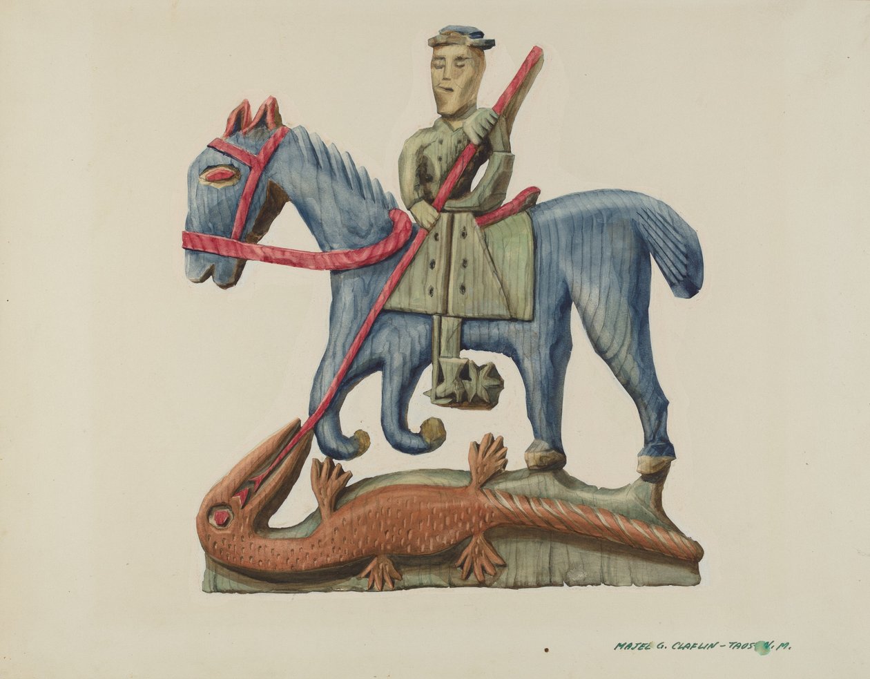 Sint Joris en de draak, gesneden uit een plank - geschilderd, c. 1938 door Majel G. Claflin