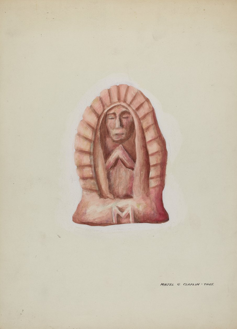 Kleine standbeeld van Guadalupe uit steen gehouwen, ca. 1937 door Majel G. Claflin