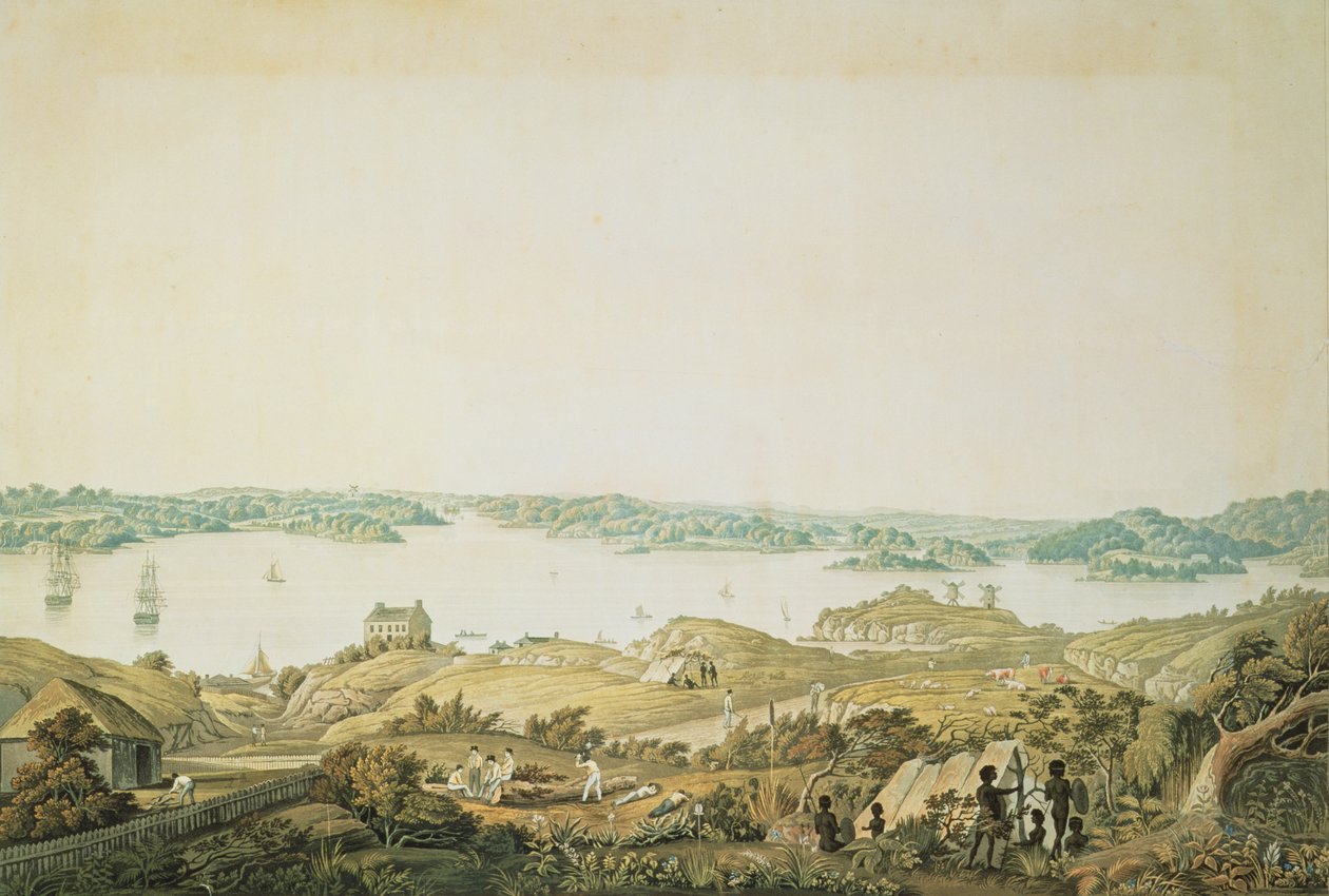 Deel van de haven van Port Jackson en het land tussen Sydney en de Blue Mountains, New South Wales, rechterdeel van een panoramisch uitzicht, c.1821 door Major James Taylor