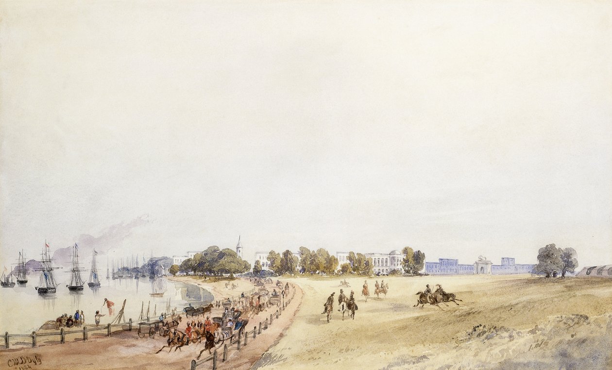 Uitzicht op het fort en de stad, Calcutta door Major General Sir Charles Walters DOyly