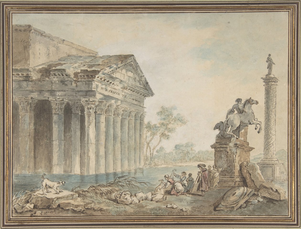 Architectonische capriccio met Romeinse monumenten en wasvrouwen, n.d. door Manner of Hubert Robert
