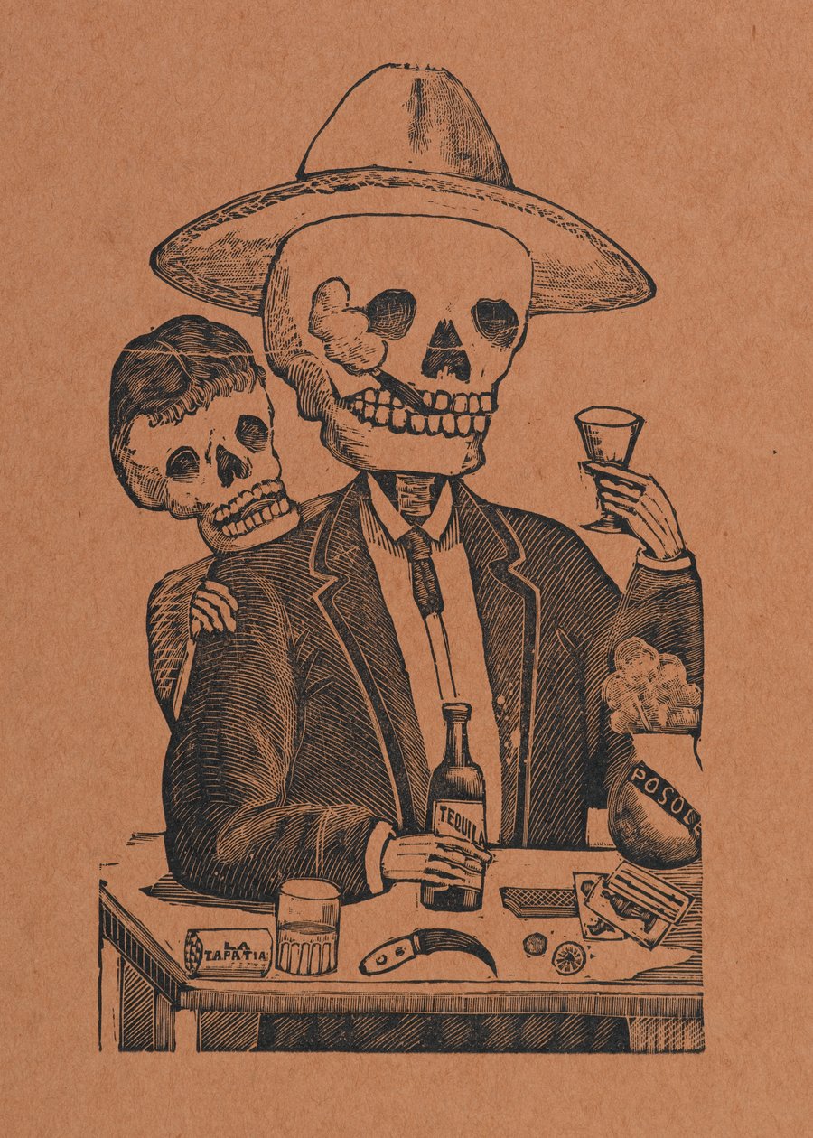 Skeletfiguur in een bar, uit 330 Grabados Originales, gedrukt door Antonio Vanegas Arroyo (1850-1917), Mexico-Stad, Mexico (reliëfgravure) door Manuel Manilla
