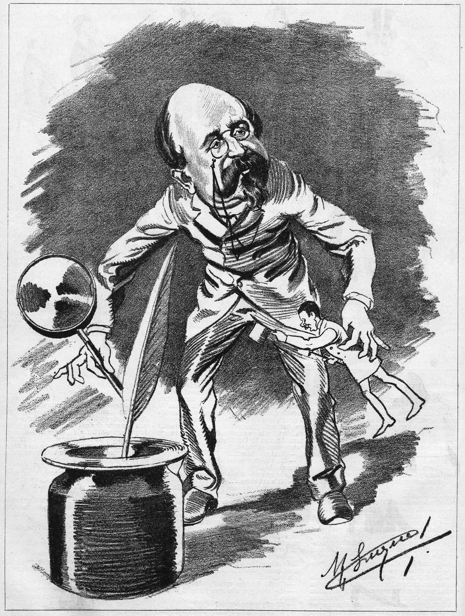 Edmond Gondinet (1828-1888) Franse toneelschrijver. Cartoon door de cartoonist Manuel Luque. In “De Cartoon” van 1886 door Manuel Luque