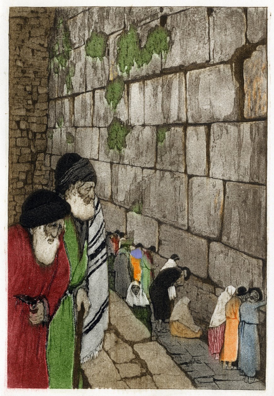 Joden voor de Klaagmuur, het enige overblijfsel van de Tempel van Jeruzalem gebouwd door koning Salomo in -950. Gravure door Manuel Orazzi (1860-1934), in 