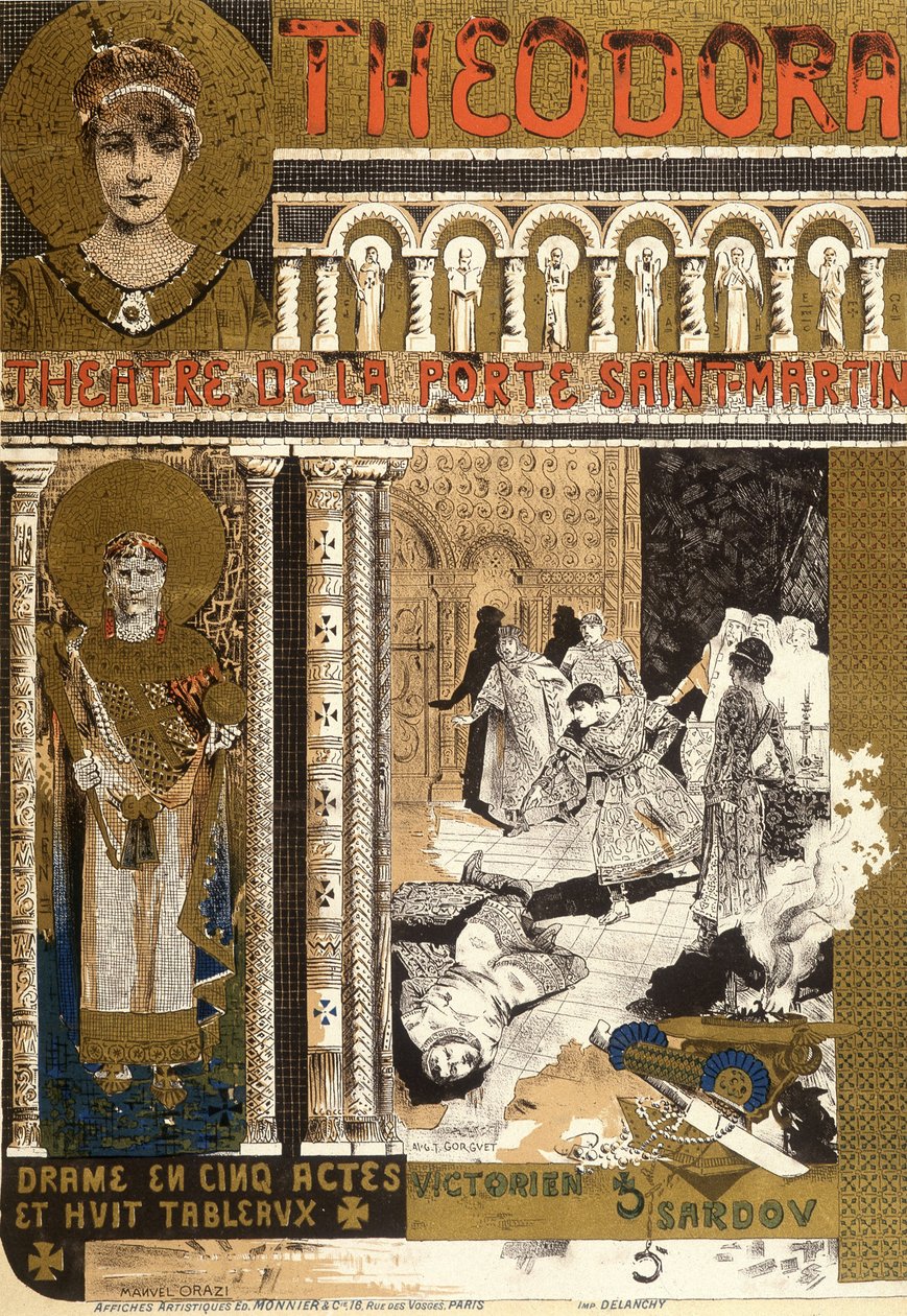 Theodora, in het Porte Saint Martin theater in Parijs. Illustratie door Manuel Orazi door Manuel Orazi