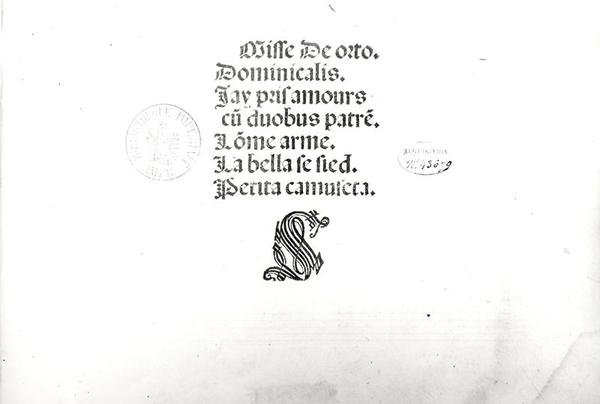 Titelpagina van een openbare mis uitgevoerd in Venetië gedrukt door Ottaviano Petrucci (1466-1539) 1505 door Marbriano de Orto