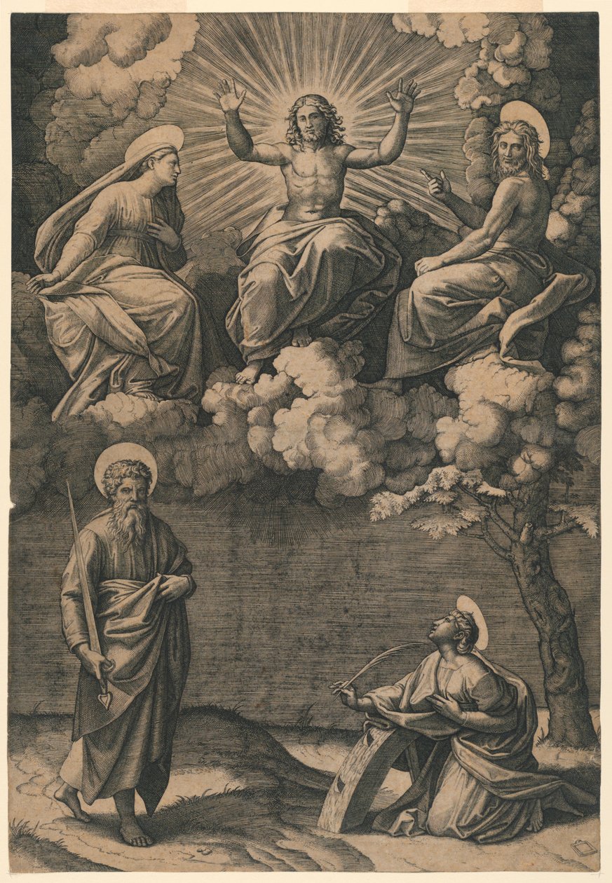 Jezus Christus, de Maagd en Johannes de Doper met de heiligen Paulus en Catharina door Marc Antonio Raimondi