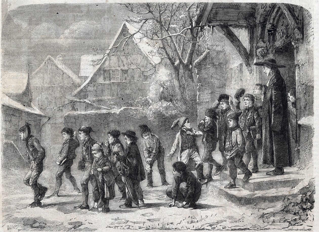 Uit school in de winter. Gravure naar een schilderij van M. B. Vautier in 