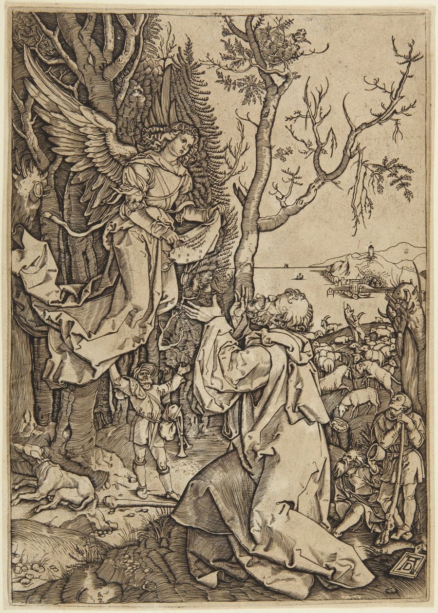 Verschijning van de engel aan Joachim, plaat 2 uit het Leven van de Maagd door Marcantonio Raimondi