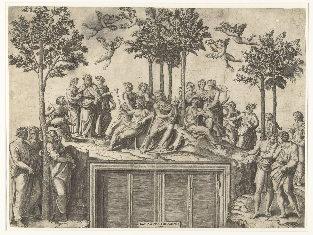 Apollo en muzen op berg Parnassus door Marcantonio Raimondi