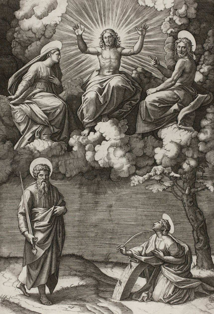 Christus, de Maagd en Sint-Jan de Doper met Heiligen Paulus en Catharina door Marcantonio Raimondi