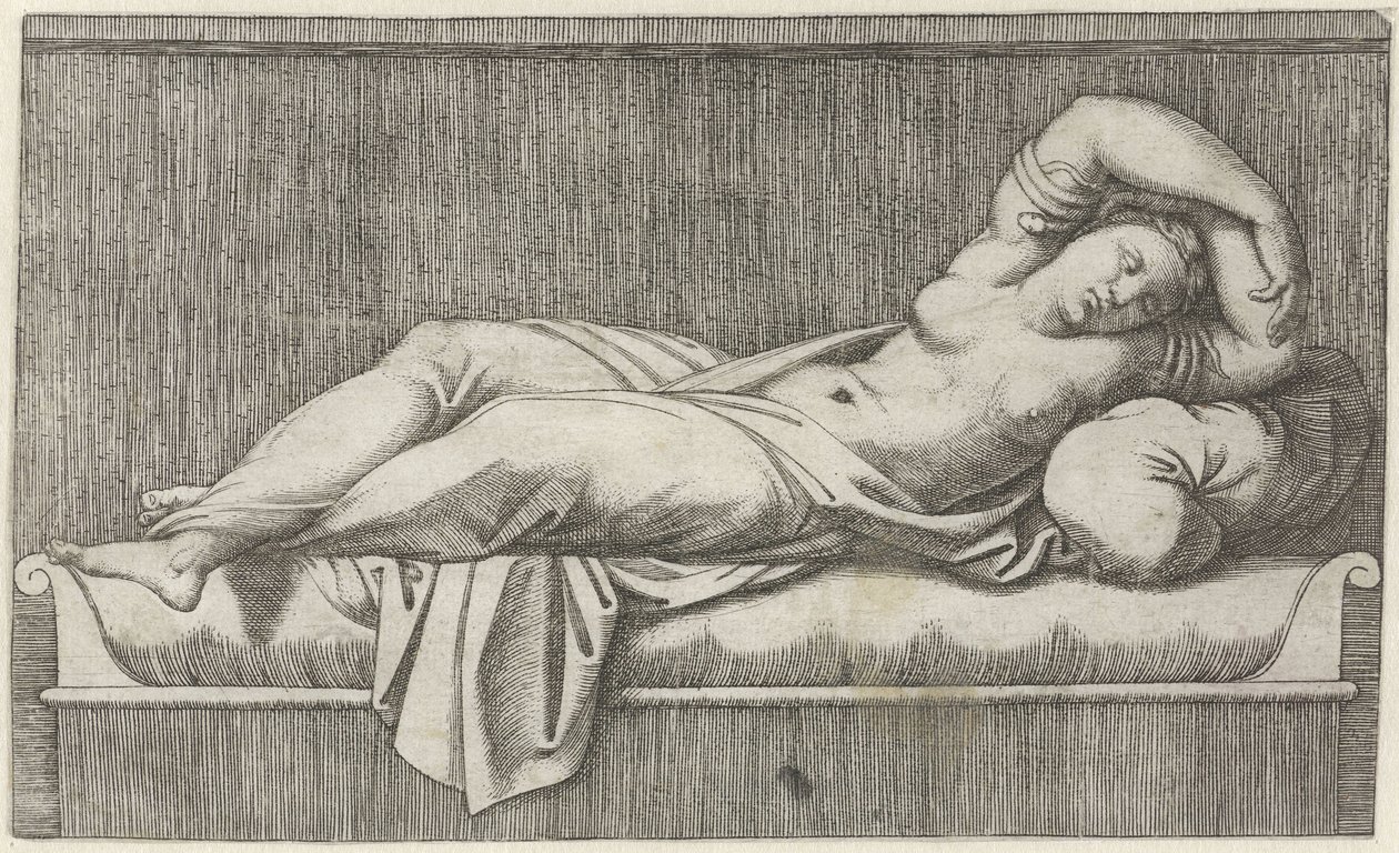 Cleopatra halfnaakt liggend op bed door Marcantonio Raimondi