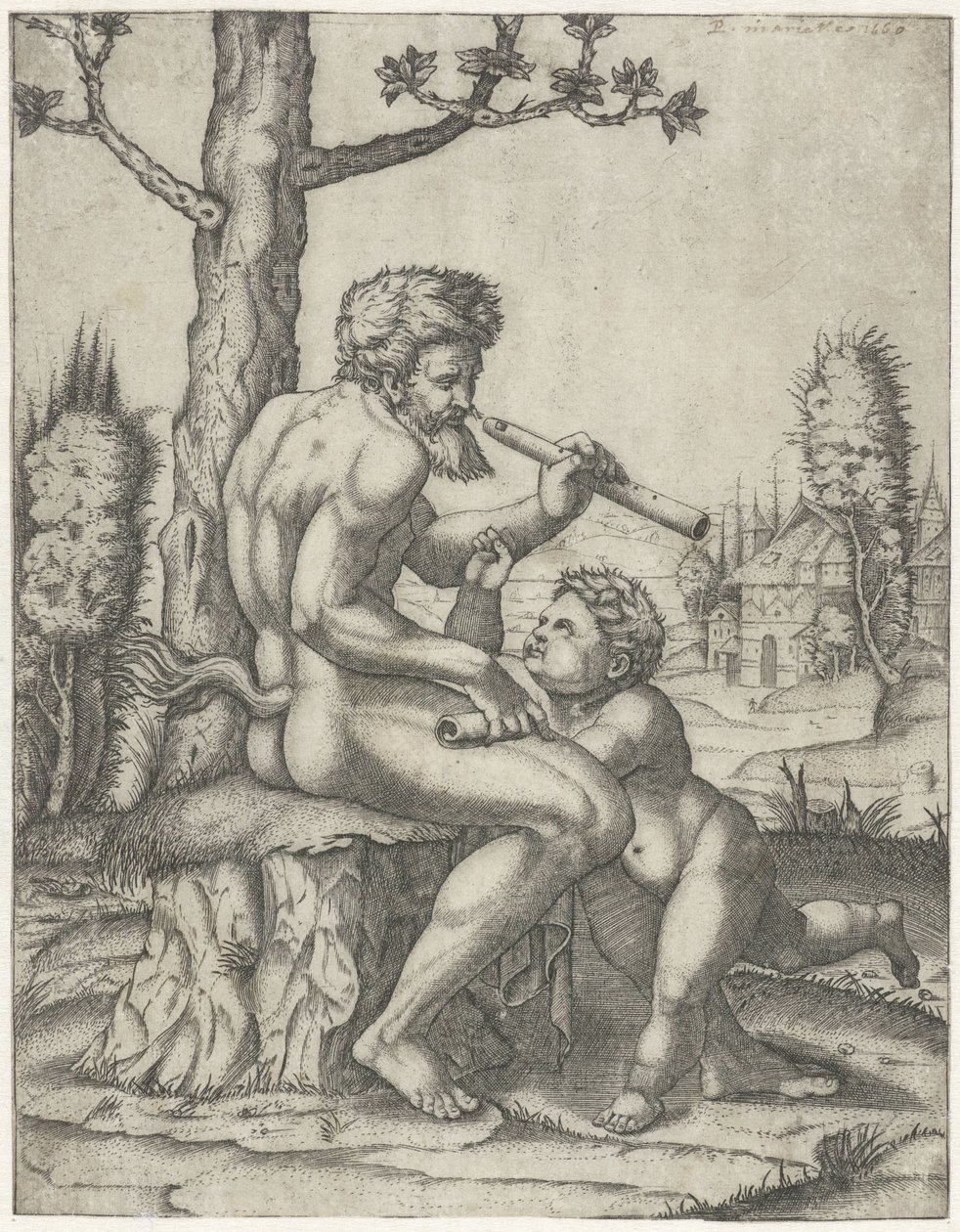 Faun met fluit speelt met kind door Marcantonio Raimondi