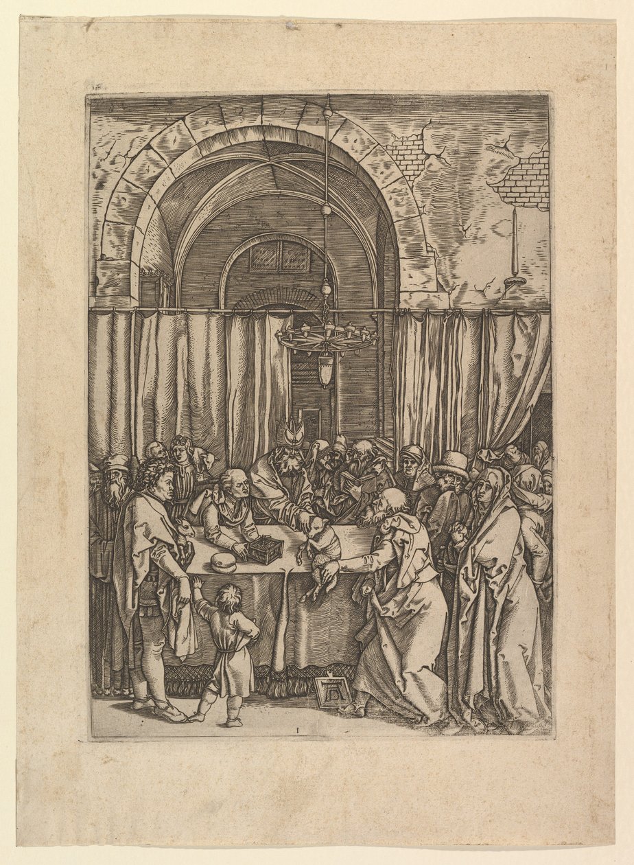 Hogepriester weigert offerlam van Joachim, naar Dürer, ca. 1500-1534 door Marcantonio Raimondi
