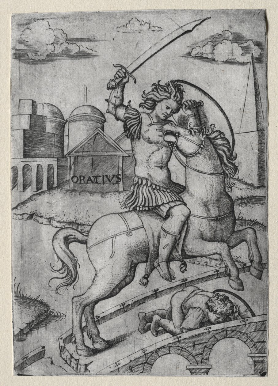 Horatius Cocles verdedigt de Sublicische Brug door Marcantonio Raimondi