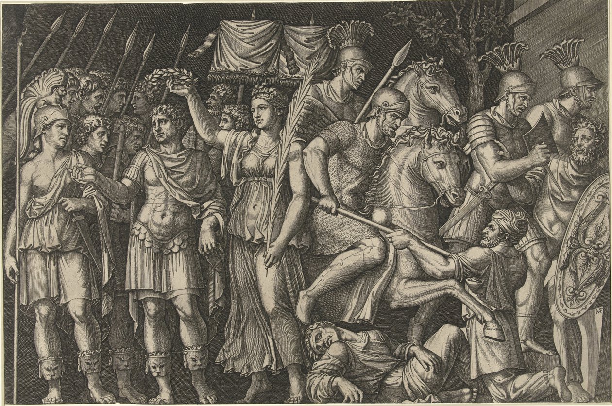 Keizer Trajanus gekroond door Victoria staat naast vrouwelijke personificatie van Rome en Romeinen in gevecht met Daciërs door Marcantonio Raimondi