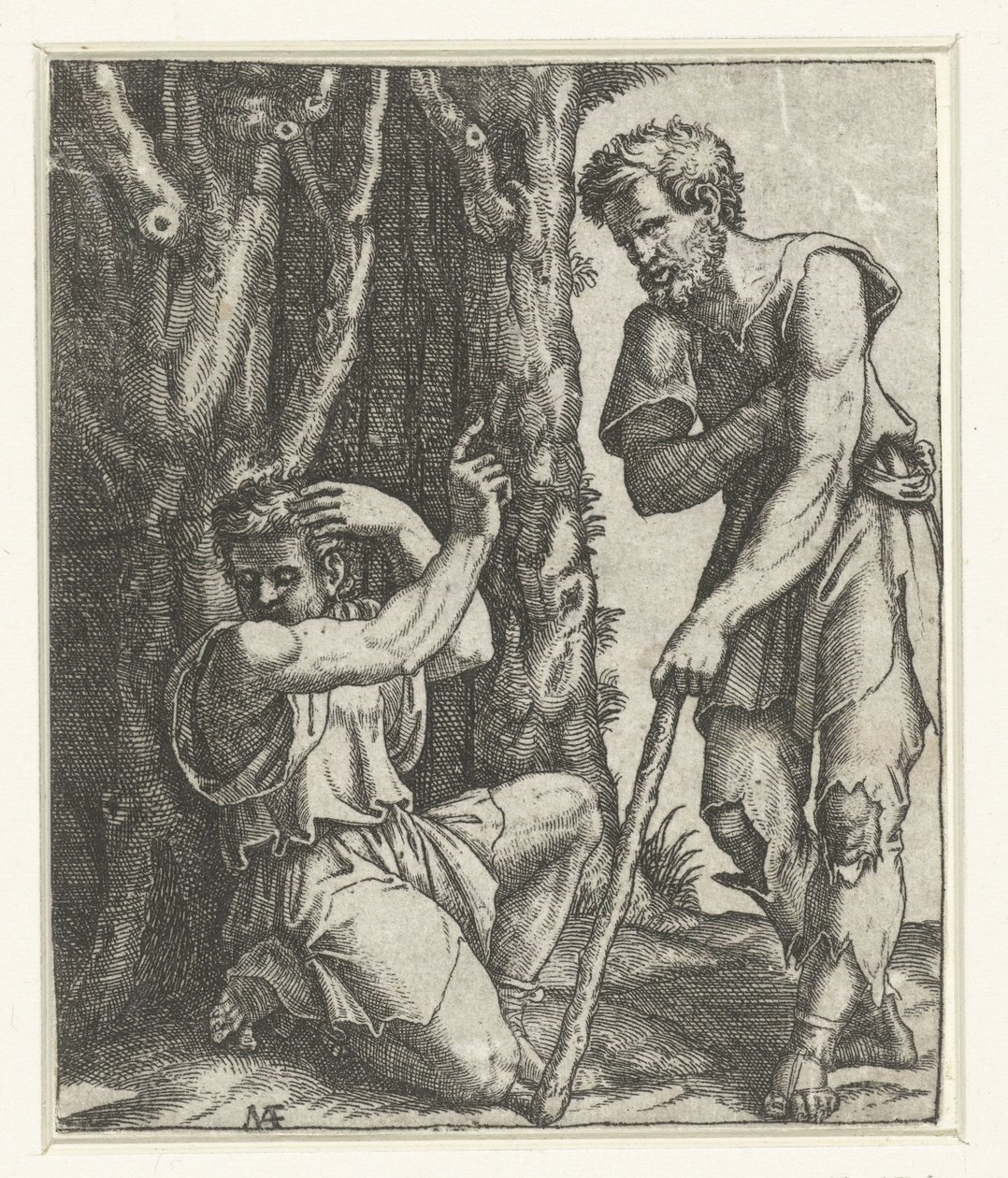 Man knielt en wendt zich af van bedelaar aan bosrand door Marcantonio Raimondi