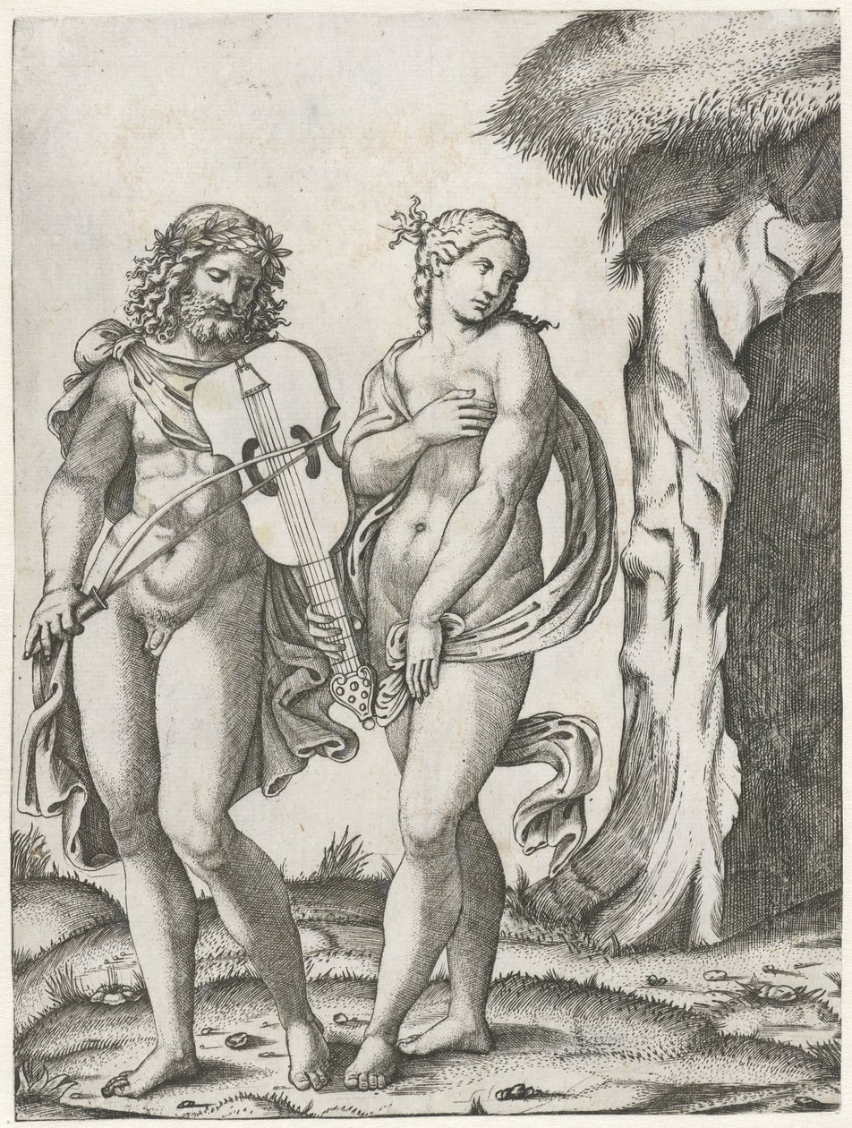 Orpheus speelt op viola voordat Eurydice naar onderwereld gaat door Marcantonio Raimondi