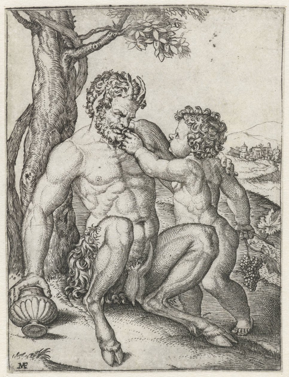 Pan met drinkbeker en Bacchus als kind met druiventros door Marcantonio Raimondi