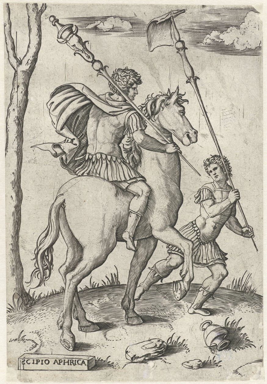 Romeinse generaals Scipio Africanus Maior te paard en Scipio Africanus Minor Romeinse helden te paard (series title) door Marcantonio Raimondi